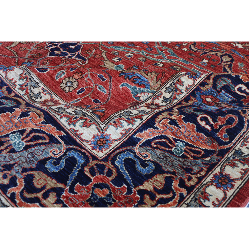 Hand Knotted Wool Area Rug in Red And Navy