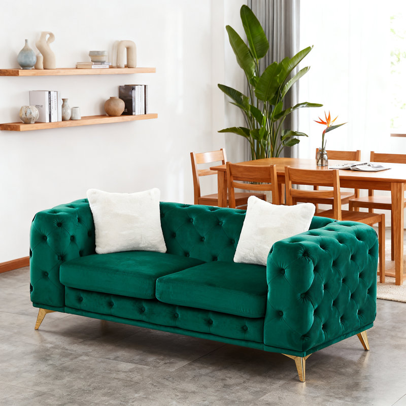 Canapé en velours de luxe moderne de 61,25 pouces avec boutons matelassés Chesterfield, 2 coussins et pieds en métal, Vert