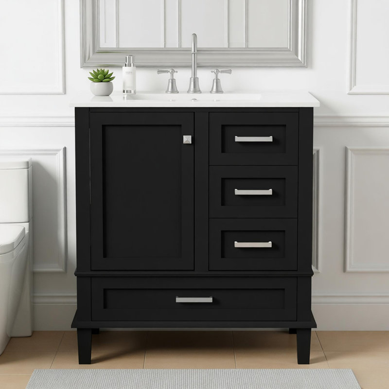 30" Modern Bathroom Cabinet with Sink Combo Set, Soft Closing Door and 3 Drawers, Black/Brushed Nickel