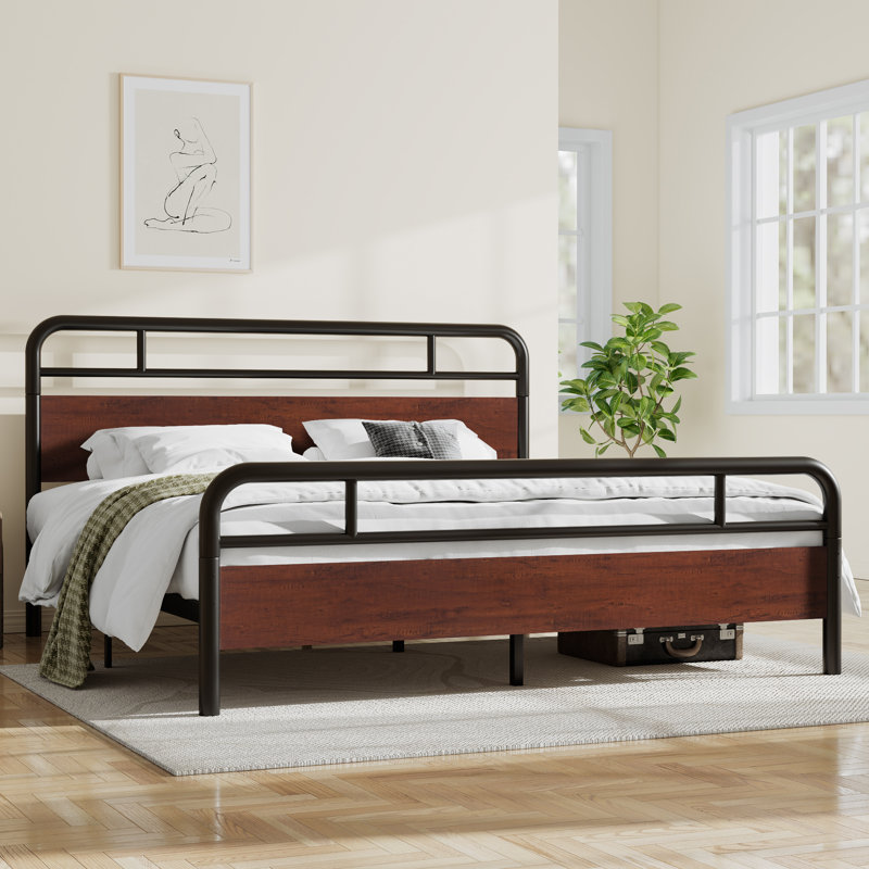 Dejania Metal Platform Bed Frame with Wooden Headboard and Footboard, Dark Brown, King