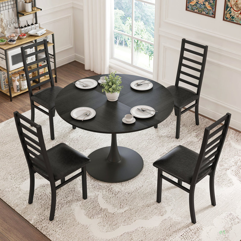 Dining Table Set, Black, 5 Pieces: Table, 4 Chairs