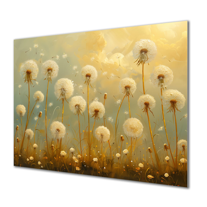 «Beige Blue Spring Dandelion Collage II», art mural pissenlit, Métal métal, H 24 po x l 32 po x P 1 po