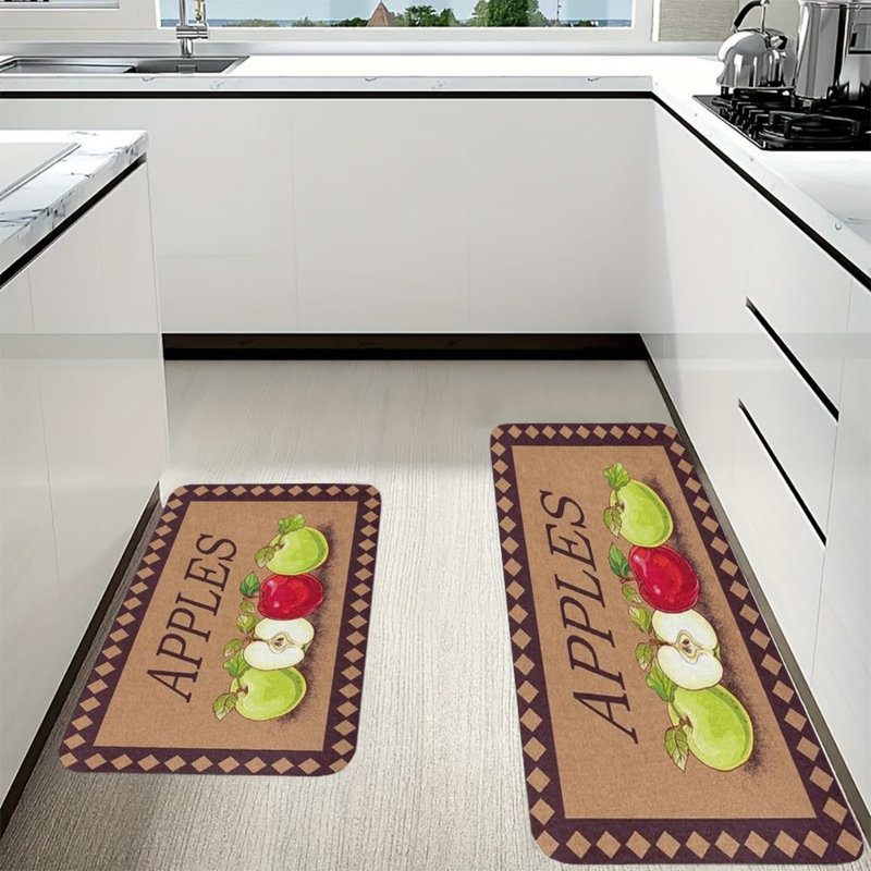 Ensemble de 2 tapis de cuisine rétro à imprimé pomme pour cuisine et salle à manger, vert, rouge, brun