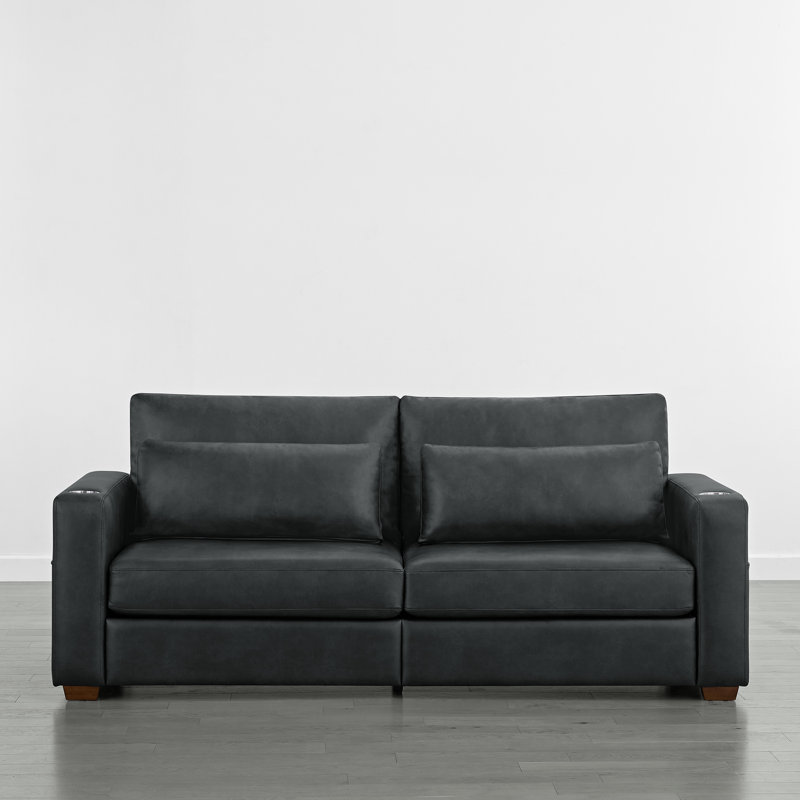  89'' W Faux Leather Sofa With Movable Lumbar Pillow, Cup Holders & Solid Wood Legs, Black