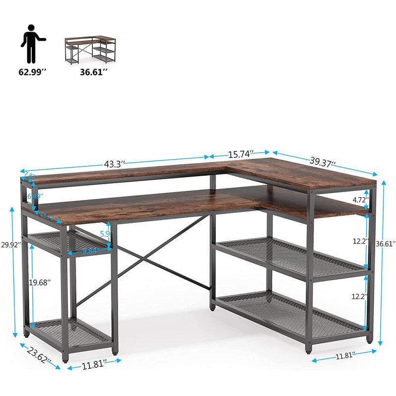 59" L shaped Desk with Storage Shelves, Brown/Black