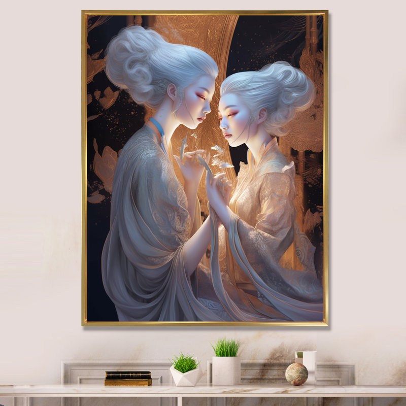 «Ethereal White Goddesses tenant par la main», reproduction sur toile, H 32 po x l 16 po x P 1 po, Cadre flottant doré