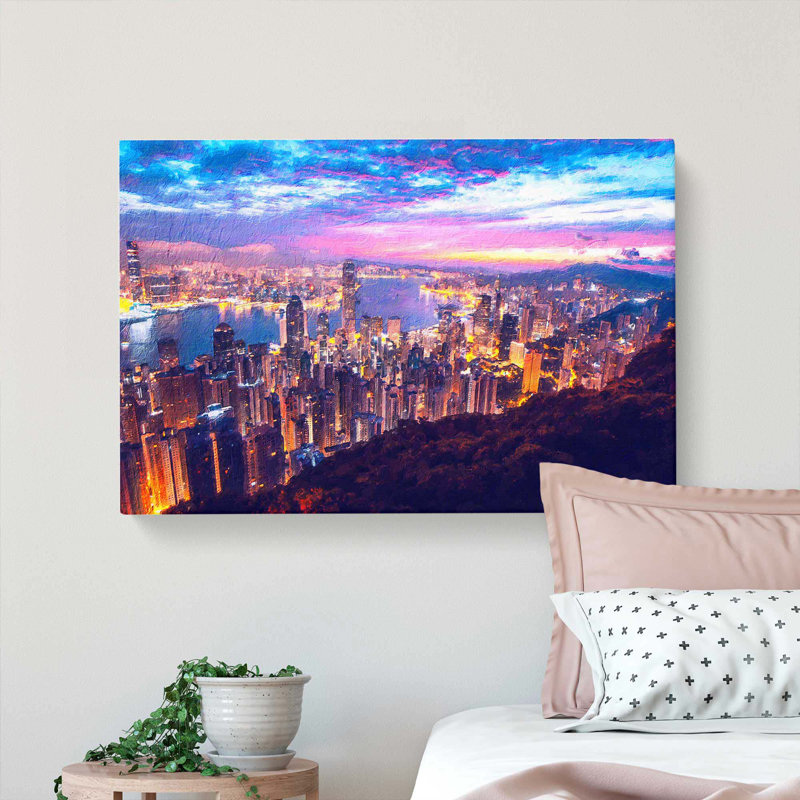 Hong Kong Skyline At Sunset - Wrapped Canvas Painting, 35cm H x 50cm W x 3cm D