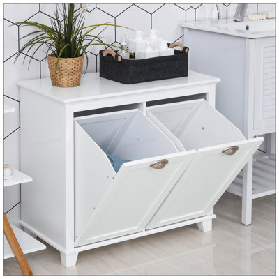 Tilt-Out Laundry Sorter Bathroom Cabinet with Dual Storage, White, Water-Resistant and Space-Saving Design