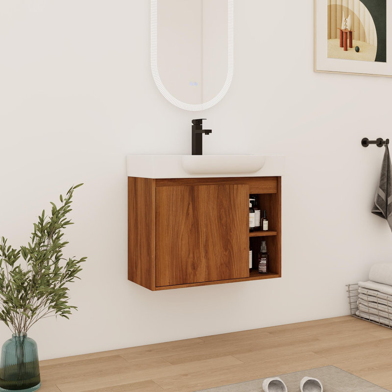28'' Single Bathroom Vanity With Ceramic Top, Walnut, 28"