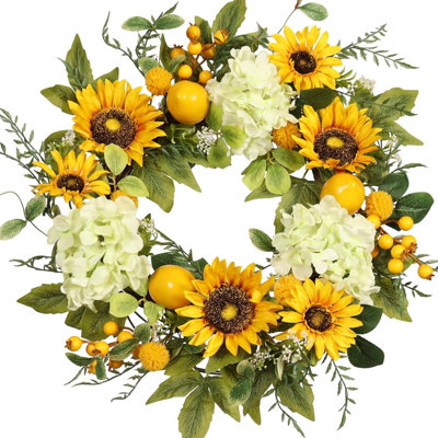 Sunflower Wreath With Hydrangeas & Lemons – Summer Front Door Farmhouse Porch Decor