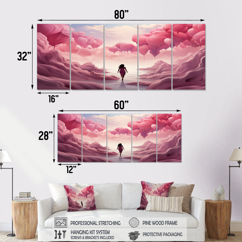 «Rose and White Air Balloon Solitude II - Abstract Landscape», art mural 5 pièces, H 32 po x l 80 po