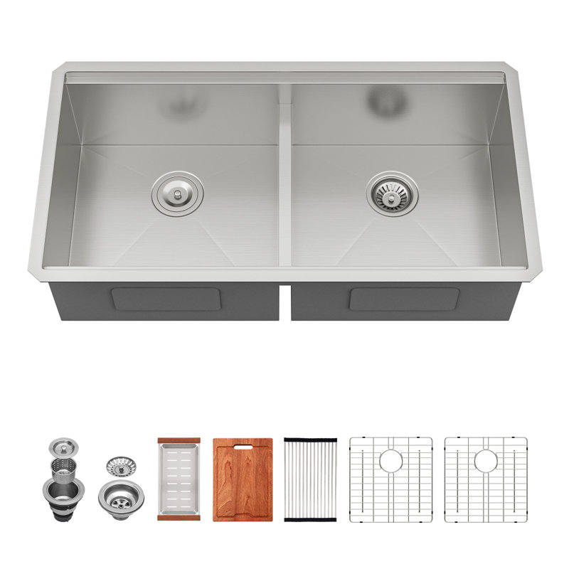 36" L x 19" W Undermount Stainless Steel  Workstation Kitchen Sink, 50/50 Double Bowl Low Divider Sink with Cutting Board, Colander, Roll-Up Rack, Bottom Grids and Strainers