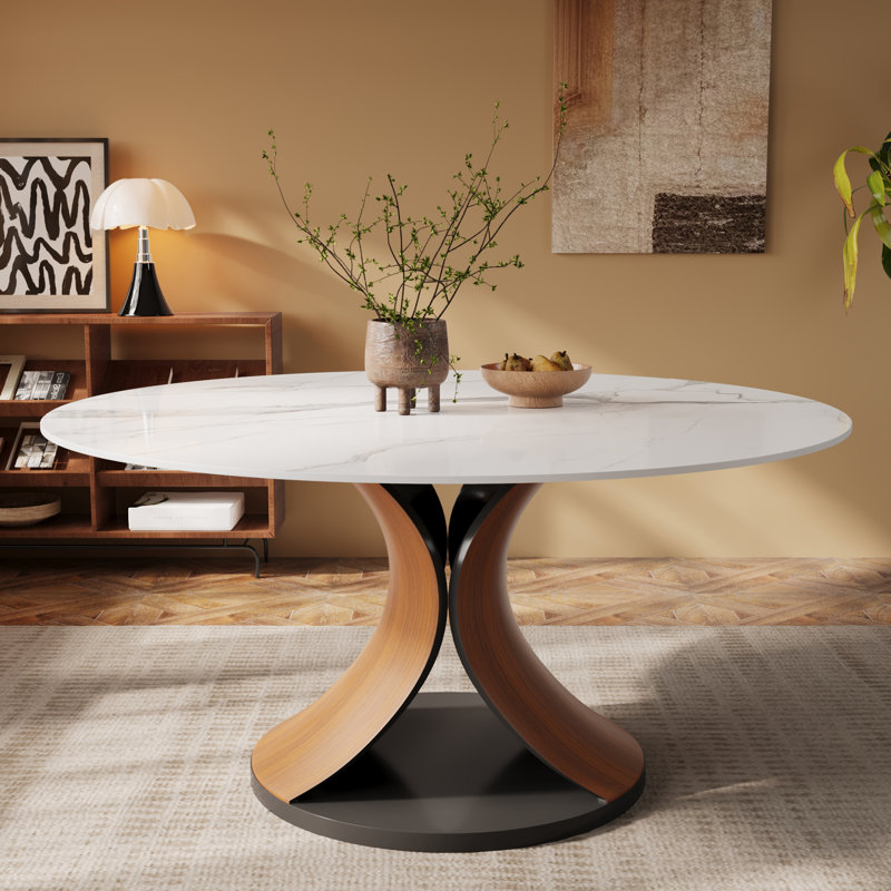 Table de salle à manger sculpturale en forme de X, 30.51" H x 47" W x 47" D, Snowy White / Walnut