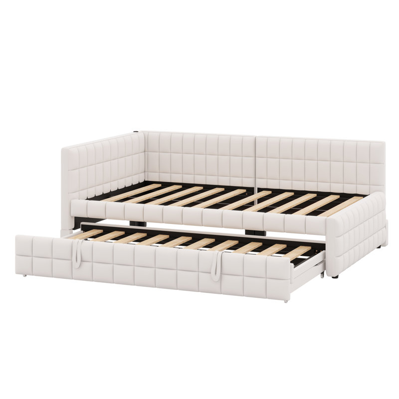 Lit de jour rembourré en L avec couchette escamotable et ports USB, Beige