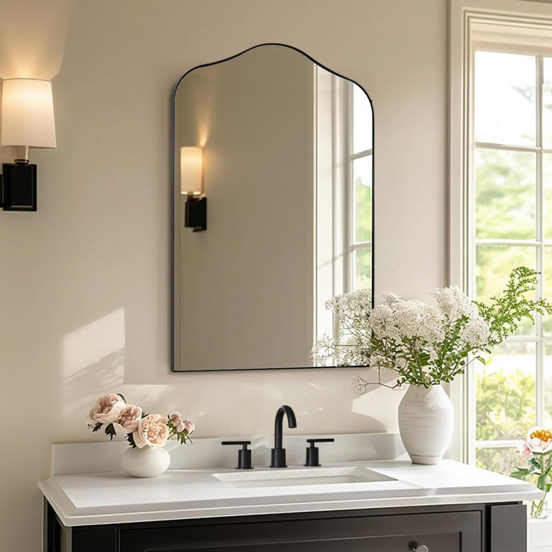 Aremi Contemporary Scalloped Arch Top Bathroom Vanity Mirror | Stainless Steel Frame, Matte Black, 38" x 26"