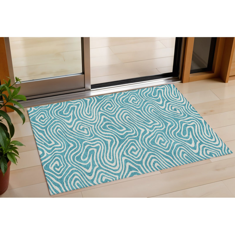 3' X 5' Teal Blue And Ivory Abstract Washable Indoor Outdoor Area Rug