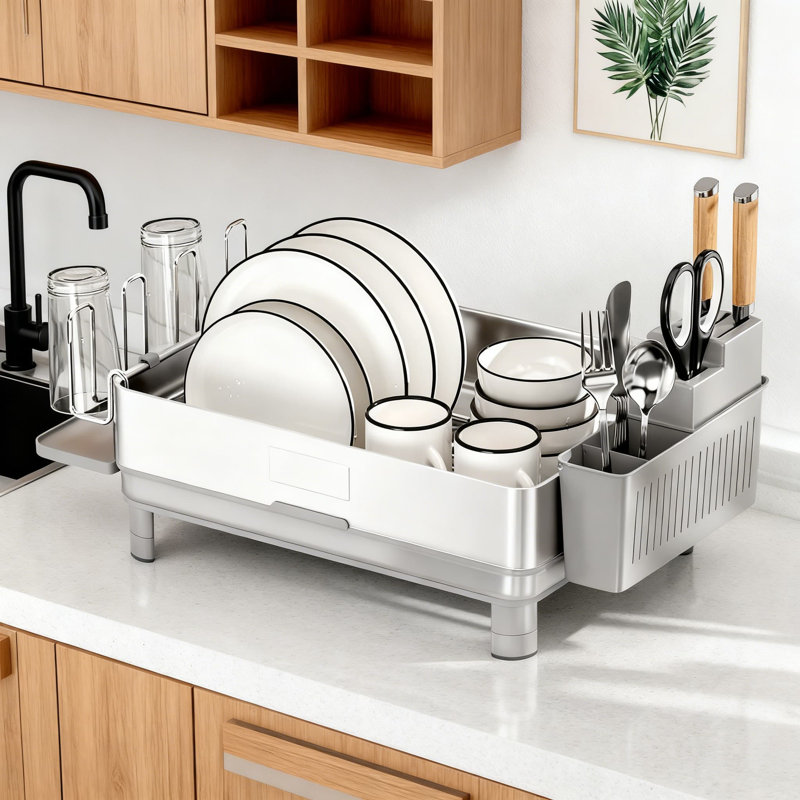 Stainless Steel Dish Rack With Drainage And Utensil Holders For Kitchen Countertops