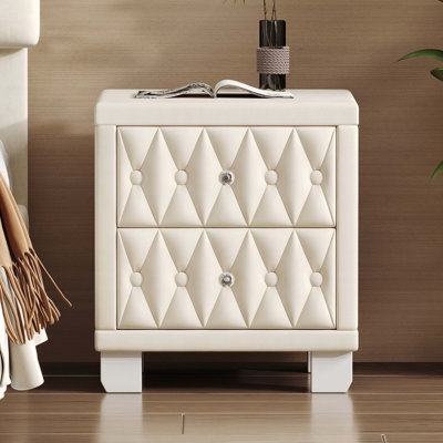 Elegant Velvet Nightstand With 2 Drawers And Crystal Handle, Storage Bedside Table With Button-Tufted