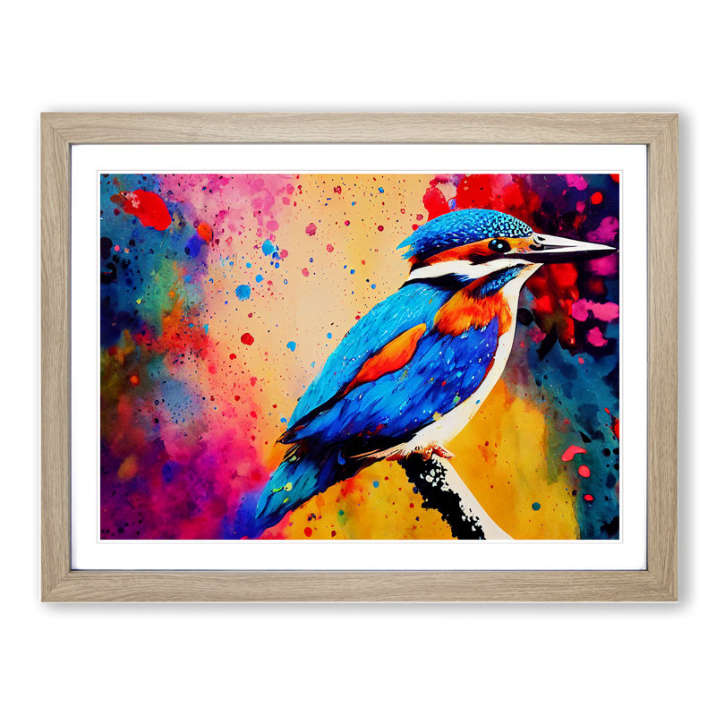 Kingfisher Bird Splashed Vol.1 Abstract - Framed Print, 46cm H x 64cm W x 2cm D, Oak