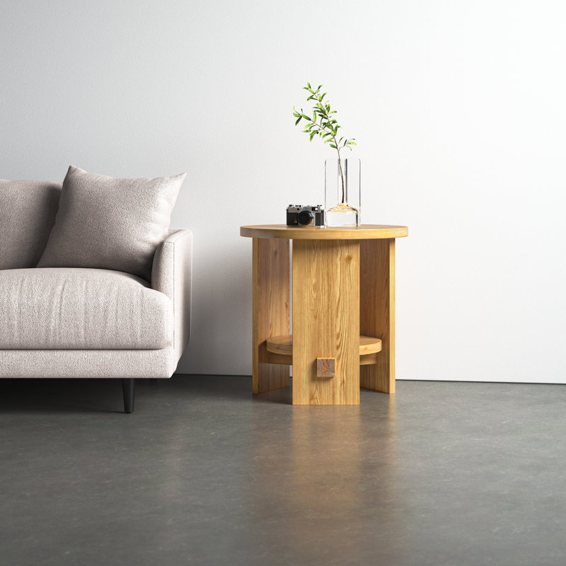 Honey Oak Round End Table with Shelf