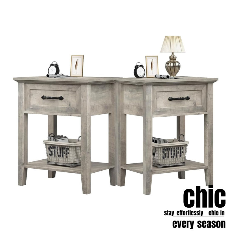 Table de chevet 2 pièces avec tiroir, table de bout / table de chevet avec tablette ouverte pour la chambre à coucher, Gris