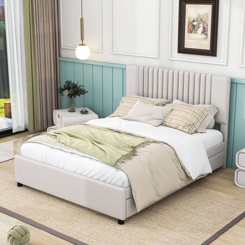 Vanderhoof Upholstered Platform Storage Bed with Drawers and Trundle, Full / Double, Beige