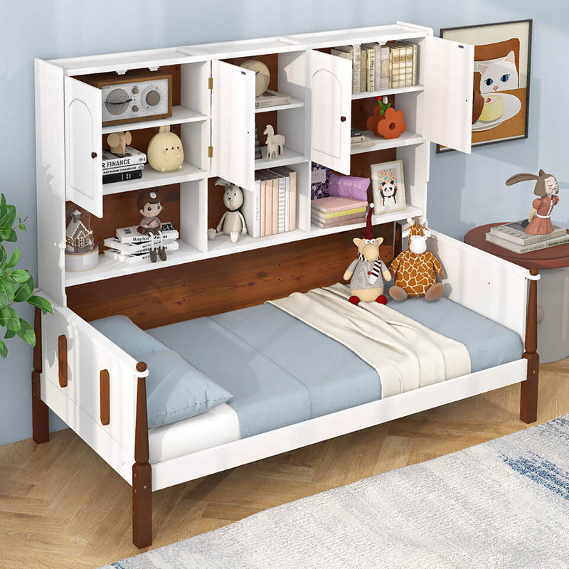 Lit de jour simple Red Barrel Studio® avec bibliothèque et lit plateforme en bois avec tablettes et armoires blanc et brun