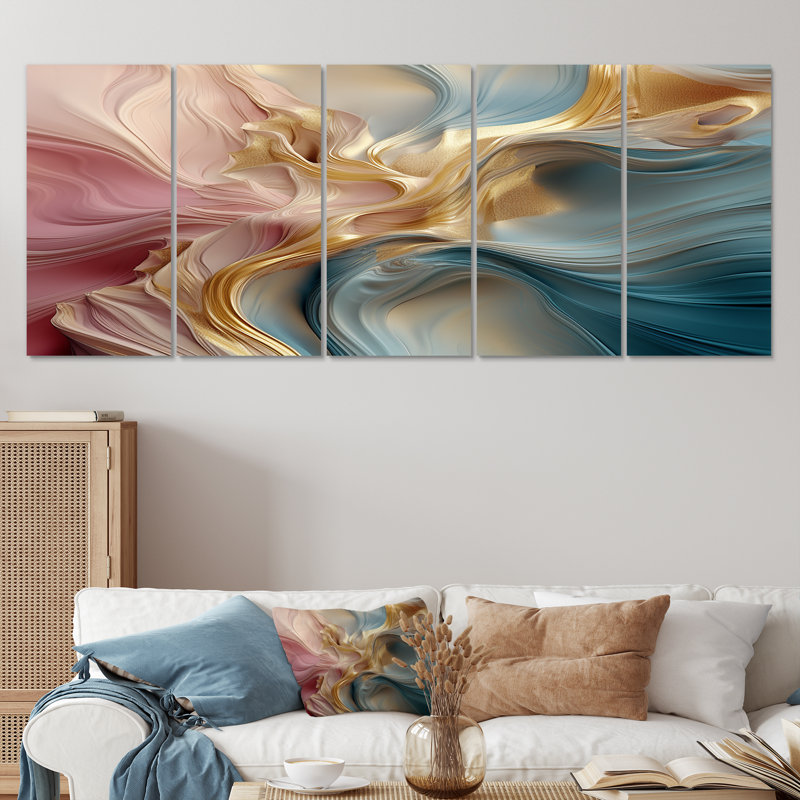 «Pastel liquide», art mural abstrait bleu pastel rose et or pour le salon, 5 pièces, H 28 po x l 60 po
