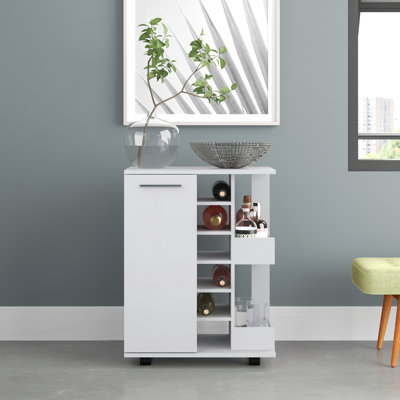 Rolling Bar Cart with Two External Shelves, a Single Door and Six Built-In Wine Rack