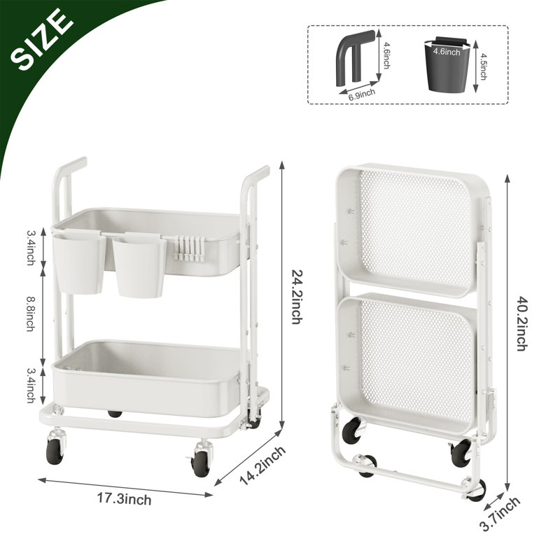 White Metal 2-Tier Foldable Rolling Utility Cart
