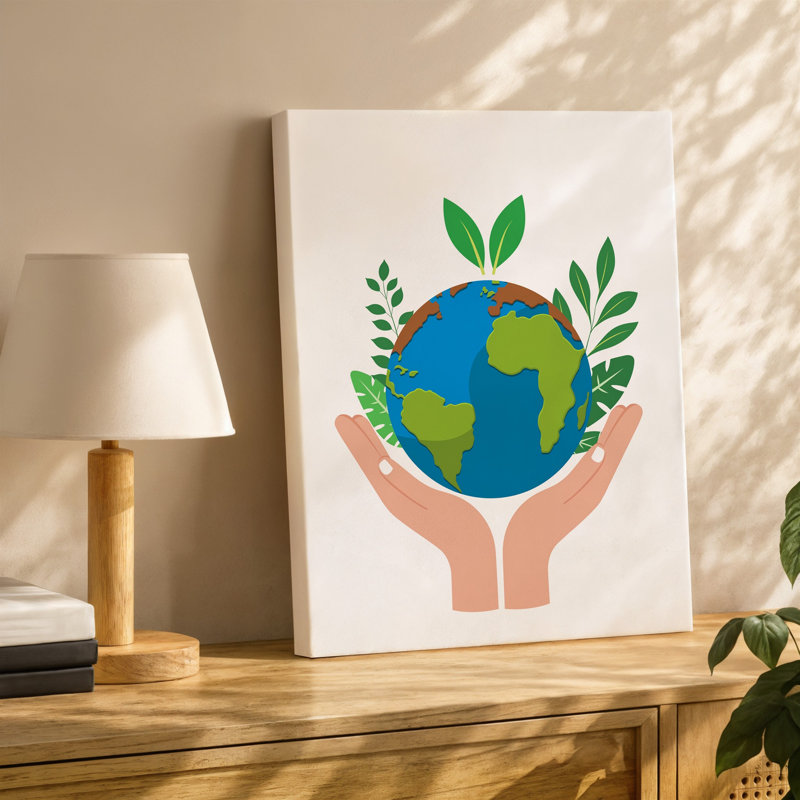 Toile, une paire de mains bercant doucement un petit globe mural stylisé symbolisant le soin de la terre, H 30 po x l 30 po