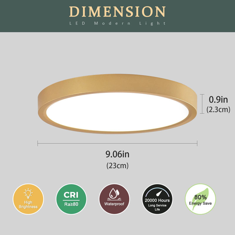Boncho LED Flush Mount, 0.9" H x 9.06" W x 9.06" D, Gold