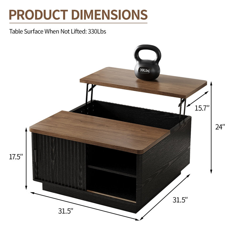 Lift Top Coffee Table, 31" Square Center Table With Sliding Door, Space-Saving Fluted Coffee Desk With Hidden Storage Compartment And Shelf, For Living Room, Home Office