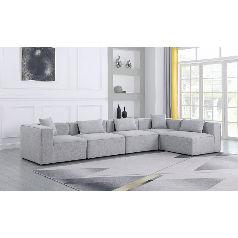 Cube Upholstered L-Shaped Sectional Reversible, Grey Linen Textured Fabric