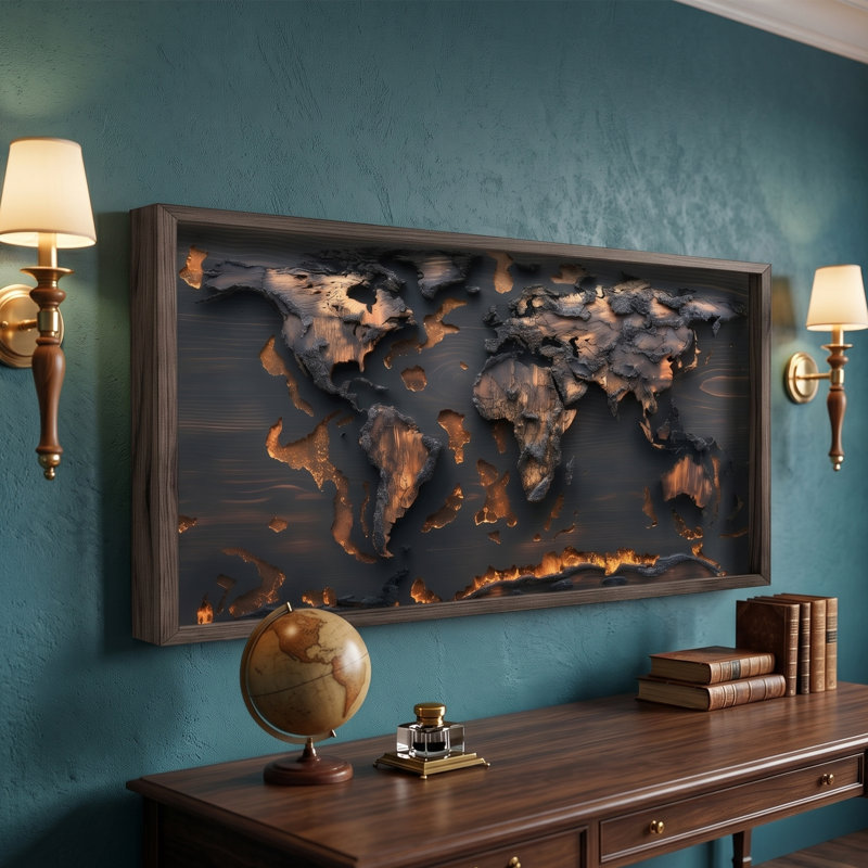 Volcanic Glow Rectangular Wooden World Map Wall Art