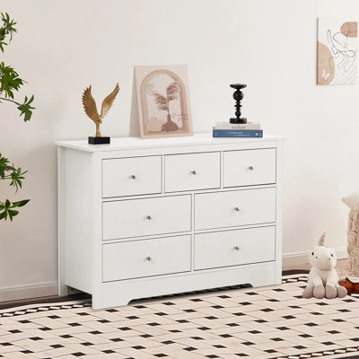 7 Drawer Dresser, Wooden Chest of Drawers with Sliding with Anti-tip Device, Modern Minimalist Dresser Chest, Closet Storage Organizer for Living Room, Hallway, Bedroom, Entryway, Light Wood