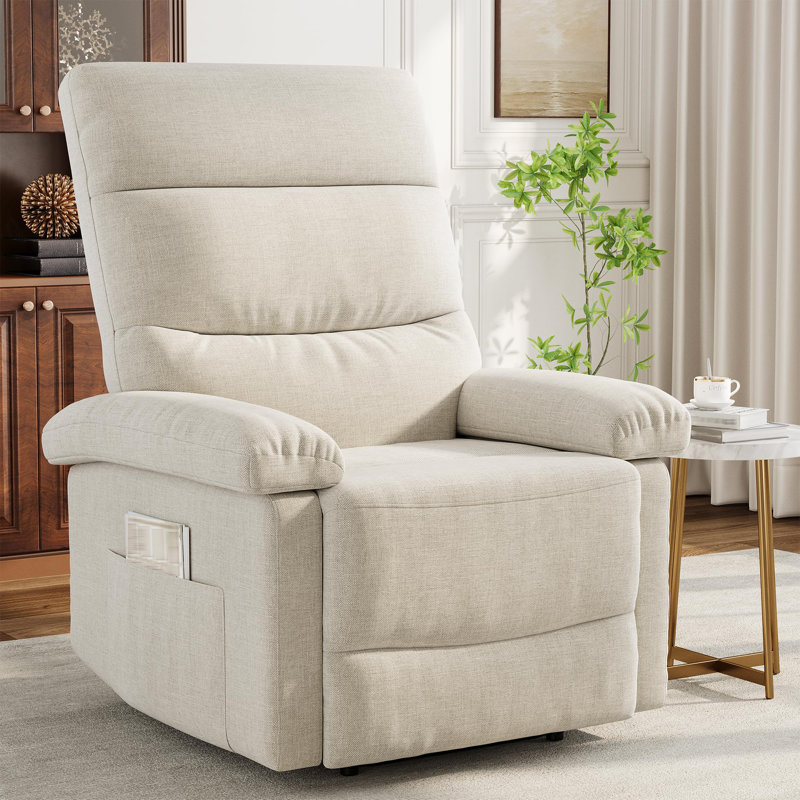 Fauteuil inclinable manuel avec poche latérale, fauteuil inclinable berçant en tissu de lin avec poche latérale, Beige