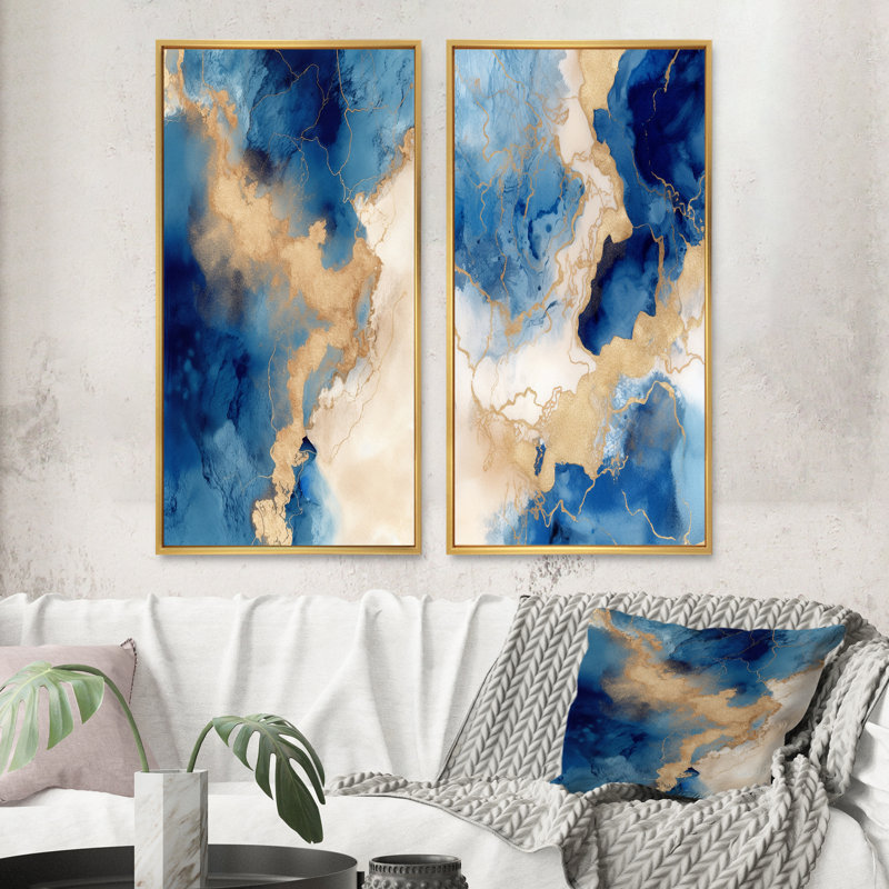 «Blue and Gold Marble Clouds VI», 2 pièces sur toile, Encadrement doré, H 24 po x l 20 po