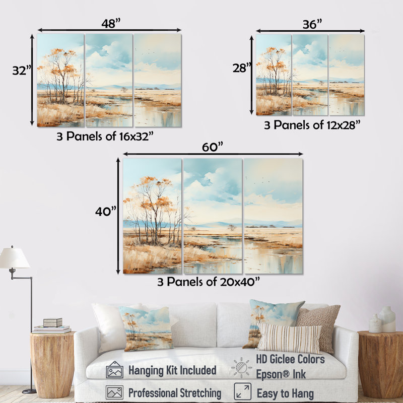 Beige Scerene Meadow Stream Harmony - ensemble de décoration murale prairie, Toile tendue, H 32 po x l 48 po x P 1 po