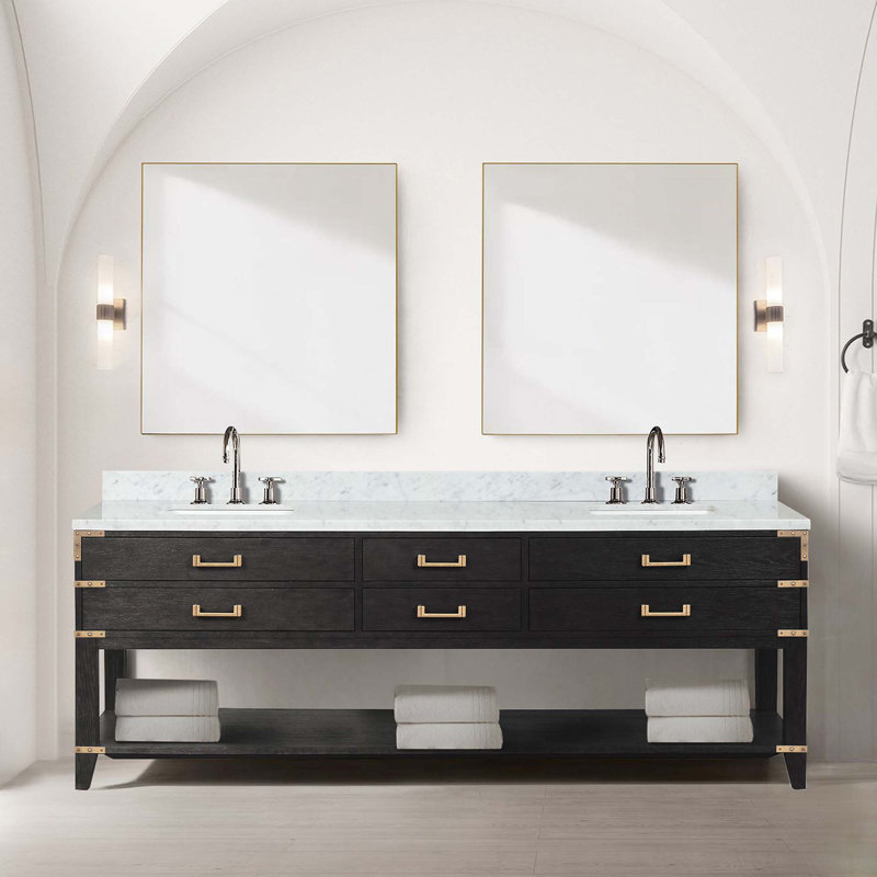 Meuble-lavabo double avec miroirs et tablette ouverte