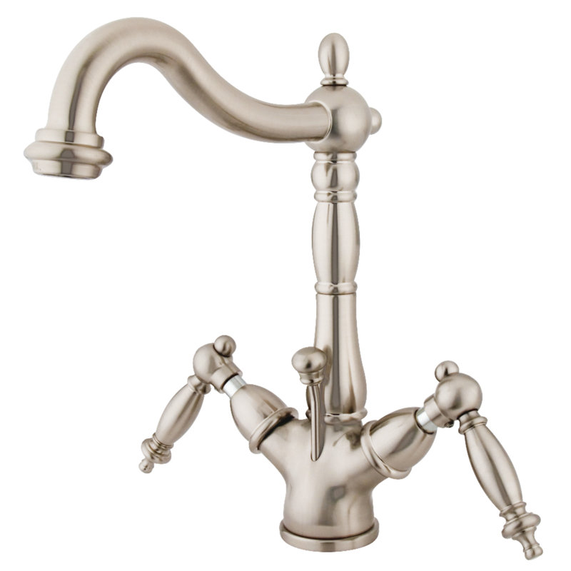 Kingston Brass Heritage Two-Handle 1-or-3 Hole Deck Mount Bathroom Faucet with Brass Pop-Up, Brushed Nickel