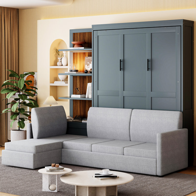 Grand lit escamotable mural avec canapé et tablettes, gris
