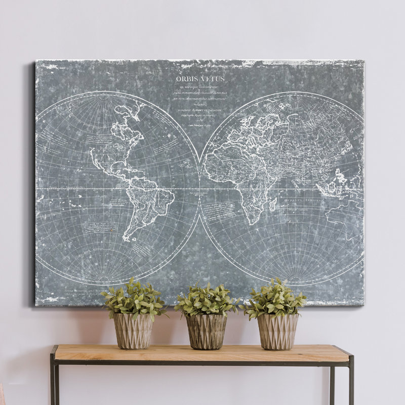 Carte du monde galvanisée - reproduction sur toile tendue, H 24 po x l 36 po x P 1 po