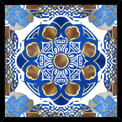 «Intricate Blue and Gold Mandala» - Art mural sur toile encadrée