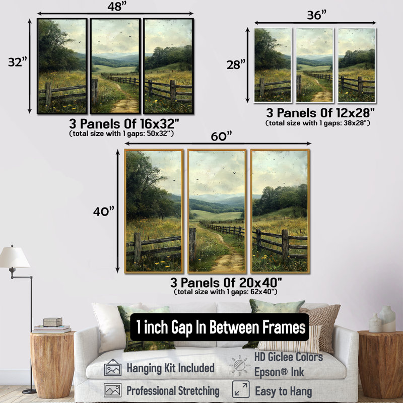 Ensemble de salon Green Peaceful Valley II - Farmhouse Wall Art, Toile avec cadre flottant or, H 28 po x l 36 po x P 1 po