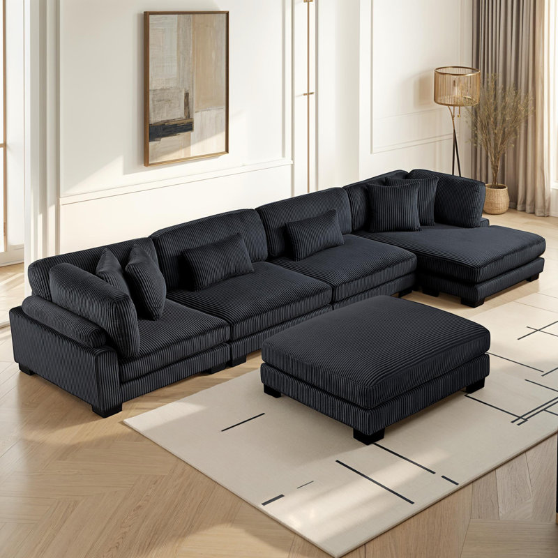 Canapé modulaire moderne en velours côtelé Hulett, Velours côtelé noir, H 34,5 po x l 180 po x P 70 po