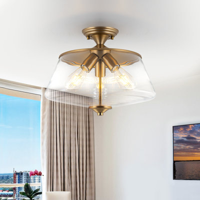 15.75-Inch 3-Light Semi-Flush Mount Ceiling Light, Vintage Matte Brass Close to Ceiling Fixture with Clear Glass Shade