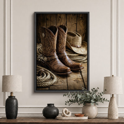 Rustic Western Boots And Cowboy Hat Artwork, Entryway Pictures, Framed Canvas Giclee Print Wall Art