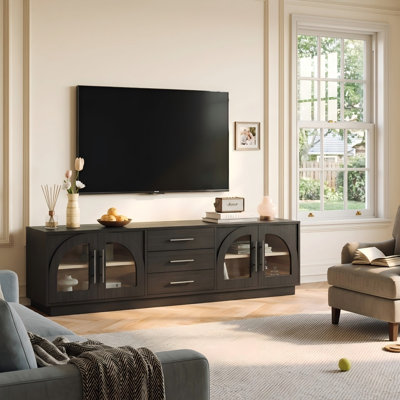 Meuble télé 78,7 po avec portes et tablettes en verre arqué, meuble télé de style Mid-Century pour téléviseur de 100 po ou moins