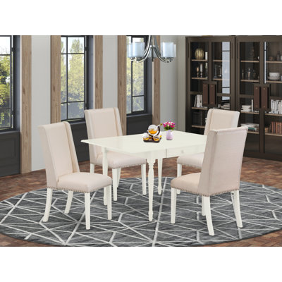 L'ensemble de table de cuisine 5 pièces pour 4 personnes comprend une table de salle à manger rectangulaire avec Dropleaf et 4 chaises de salle à manger Parson en tissu crème, lin blanc